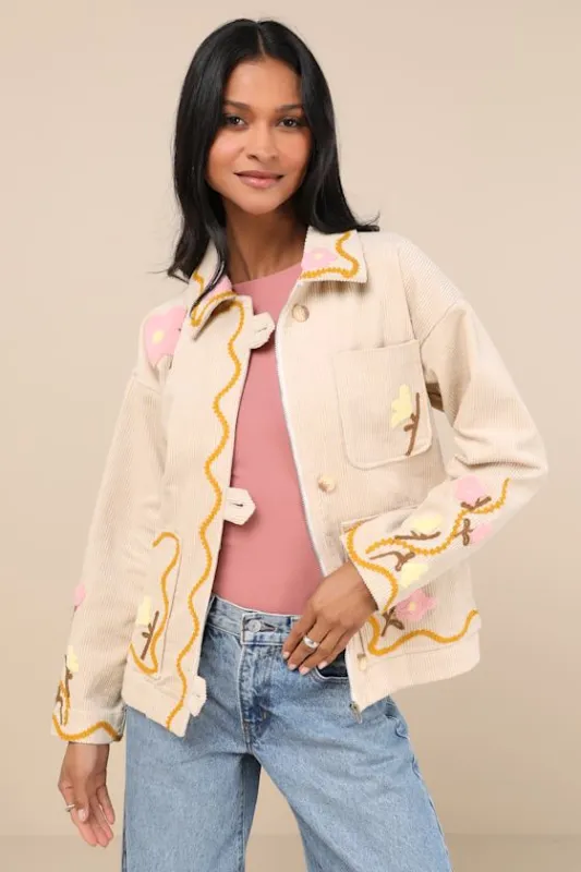 Kerra Beige Multi Corduroy Embroidered Collared Jacket sold by Lulus