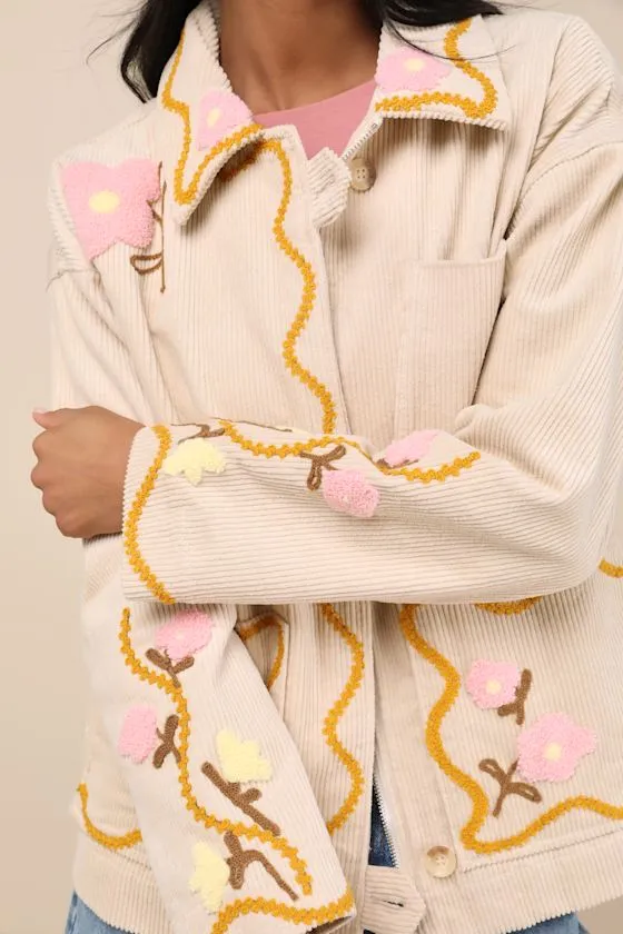 Kerra Beige Multi Corduroy Embroidered Collared Jacket sold by Lulus product image thumbnail 4