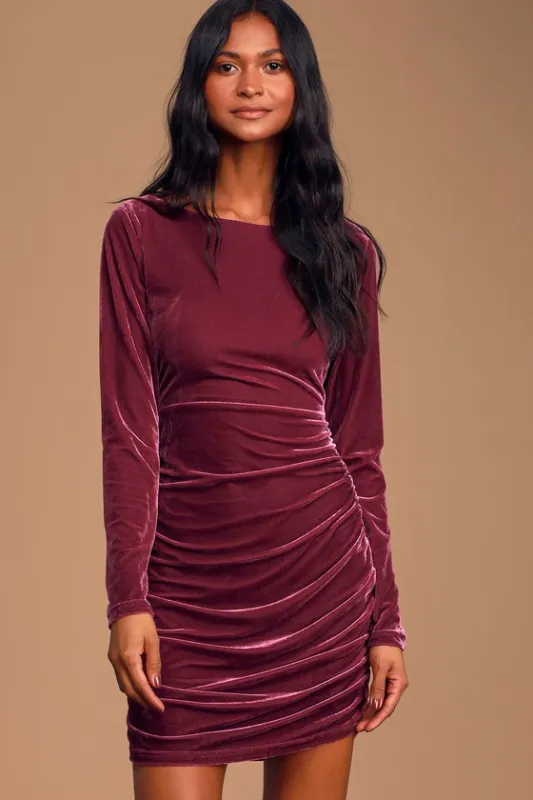 True Heart Mauve Purple Velvet Ruched Long Sleeve Bodycon Dress sold by Lulus