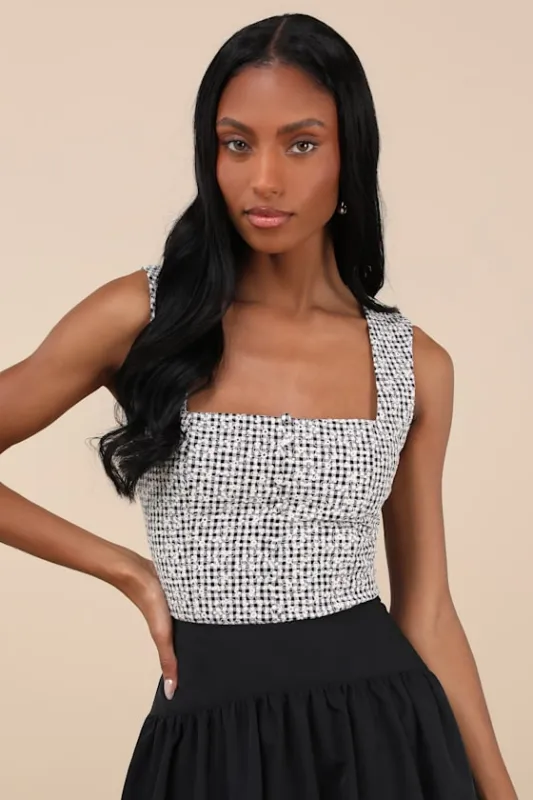 Kotone Black and White Gingham Embroidered Sleeveless Top sold by Lulus