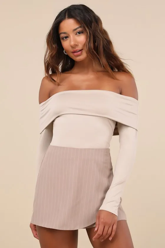 Classic Composure Taupe Off-the-Shoulder Long Sleeve Top sold by Lulus
