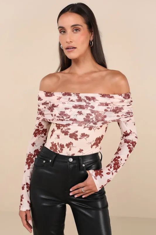 Eye-Catching Sweetie Beige Floral Mesh Off-the-Shoulder Bodysuit sold by Lulus
