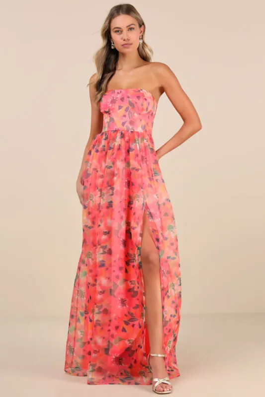 Wonderful Waltz Coral Floral Print Strapless Bustier Maxi Dress sold by Lulus