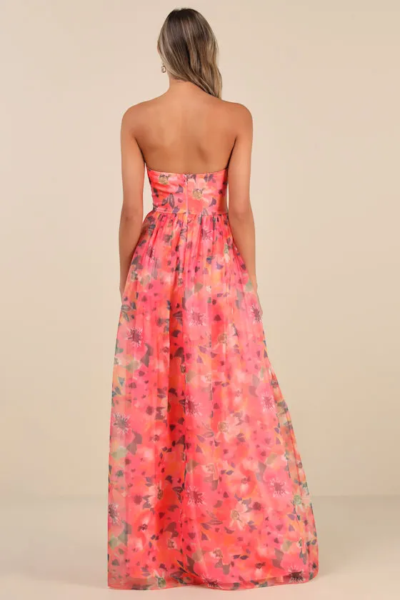 Wonderful Waltz Coral Floral Print Strapless Bustier Maxi Dress sold by Lulus product image thumbnail 2
