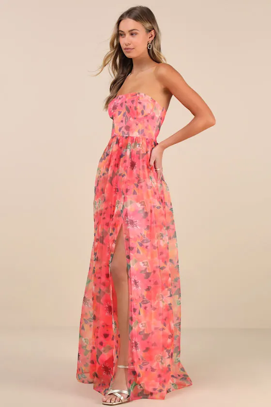 Wonderful Waltz Coral Floral Print Strapless Bustier Maxi Dress sold by Lulus product image thumbnail 3