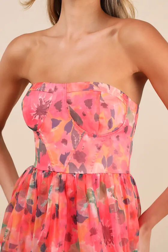 Wonderful Waltz Coral Floral Print Strapless Bustier Maxi Dress sold by Lulus product image thumbnail 4