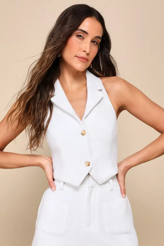 Looking Posh White Tweed Backless Cropped Halter Vest Top sold by Lulus