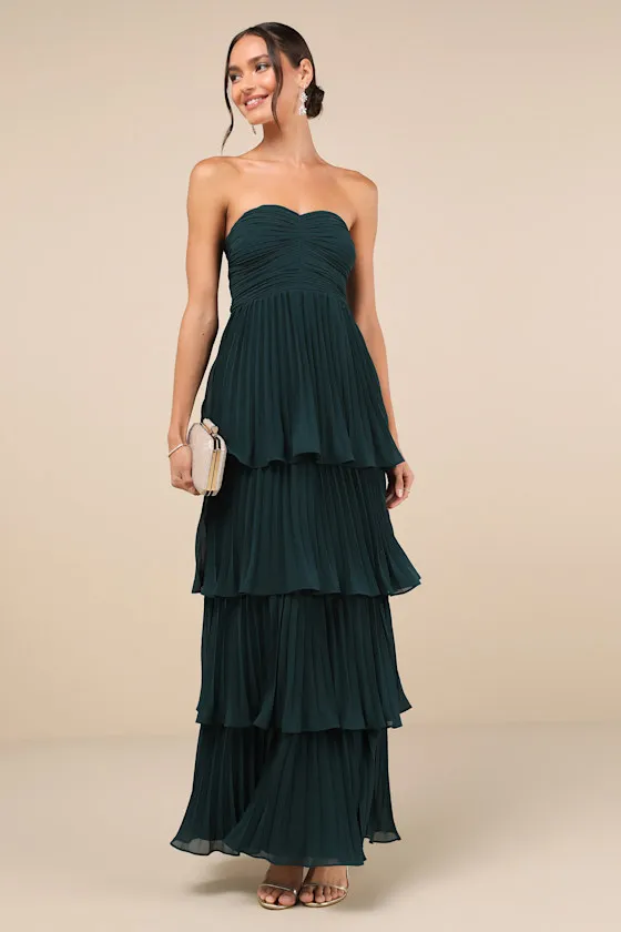 Seriously Sensational Emerald Strapless Tiered Maxi Dress sold by Lulus