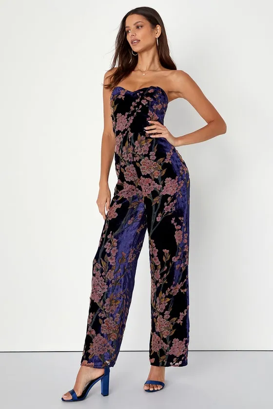 Exquisite Navy Blue Floral Burnout Velvet Strapless Jumpsuit sold by Lulus