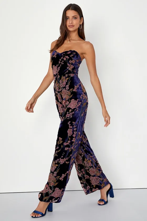 Exquisite Navy Blue Floral Burnout Velvet Strapless Jumpsuit sold by Lulus product image thumbnail 3