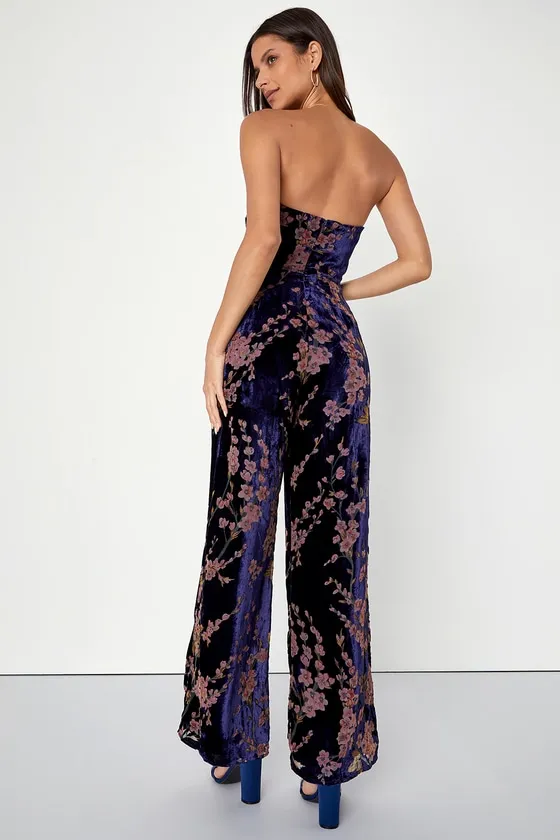 Exquisite Navy Blue Floral Burnout Velvet Strapless Jumpsuit sold by Lulus product image thumbnail 4