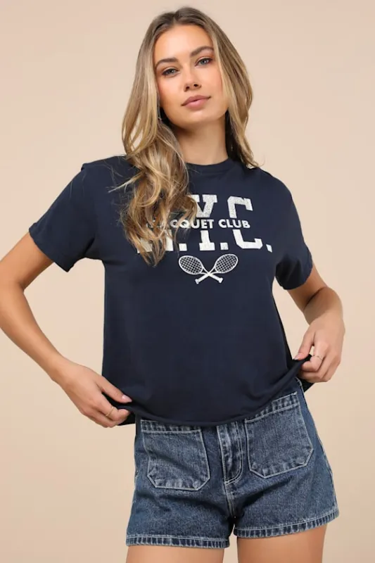 NYC Racquet Club Navy Blue Graphic Tee sold by Lulus