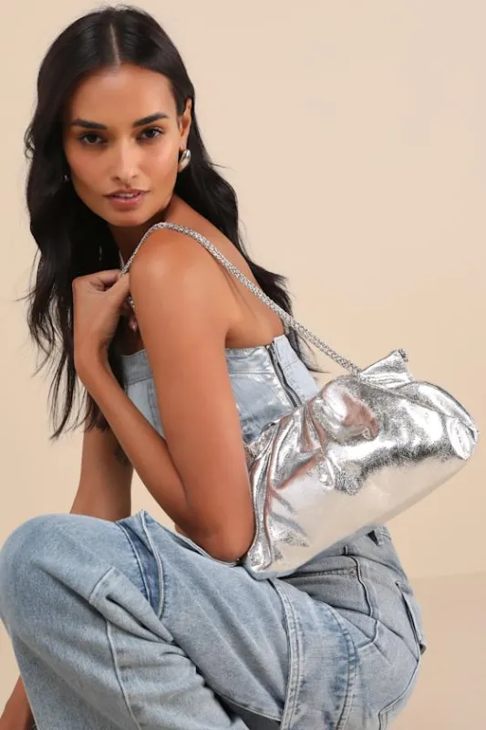 Evalline Silver Metallic Shoulder Bag sold by Lulus