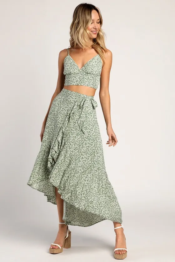 Summer Romance Sage Green Floral Print Two-Piece Midi Dress sold by Lulus