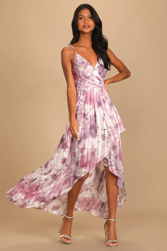 An Enchanting Dream Purple Multi Print High-Low Maxi Dress sold by Lulus