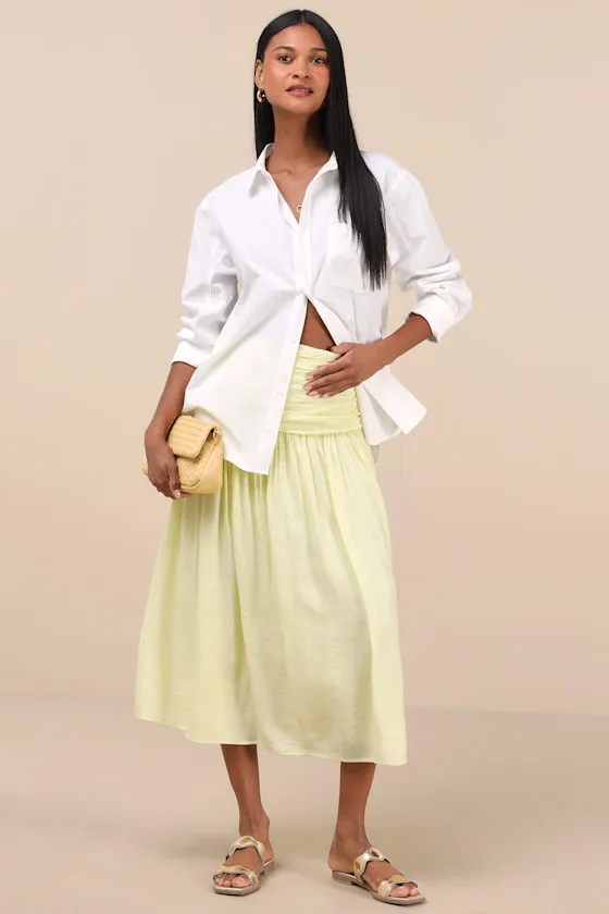 Kesia Light Yellow Textured A-Line Midi Skirt sold by Lulus