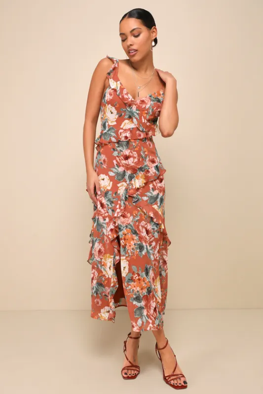 Notable Poise Rust Floral Print Lace-Up Ruffled Maxi Dress sold by Lulus