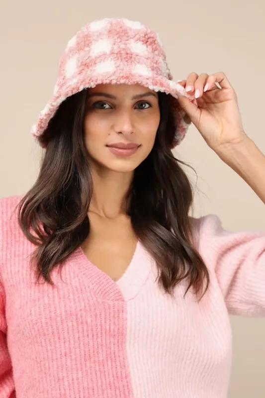 Cuddly Favorite Pink Plaid Shearling Bucket Hat sold by Lulus