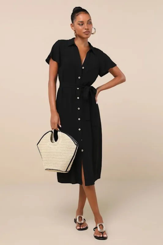 Italian Summer Black Linen Button-Up Short Sleeve Midi Dress sold by Lulus