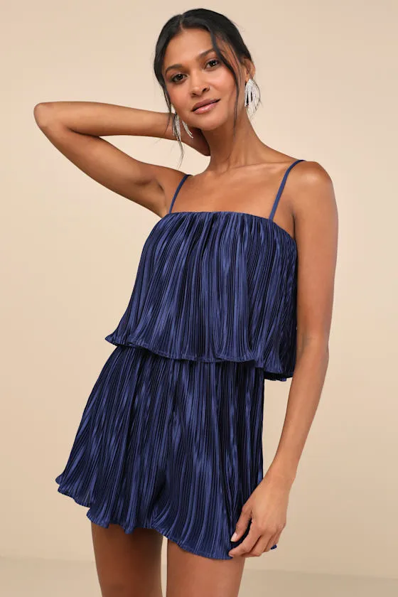 Fun Flirt Navy Blue Satin Plisse Sleeveless Romper sold by Lulus