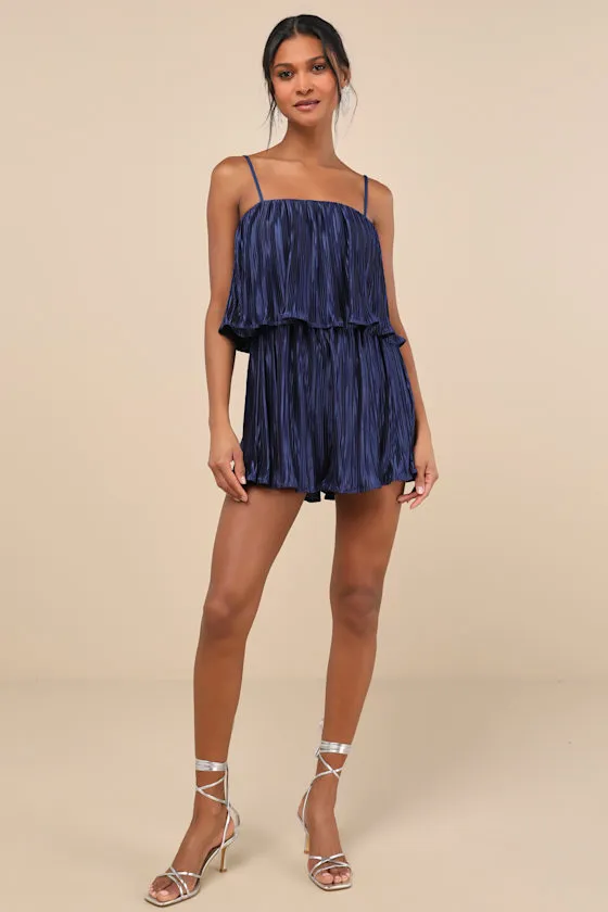 Fun Flirt Navy Blue Satin Plisse Sleeveless Romper sold by Lulus product image thumbnail 3
