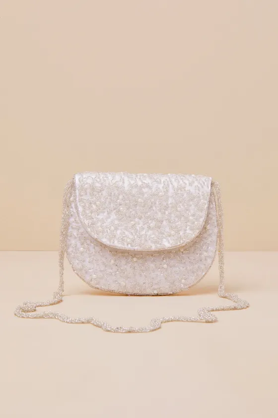 Glittery Babe Ivory and Silver Beaded Pearl Crossbody Bag sold by Lulus