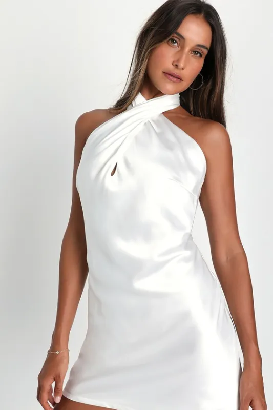 Beyond Classy White Satin Halter Mini Dress sold by Lulus