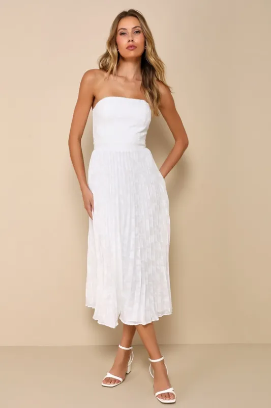 Perfectly Stunning Ivory Jacquard Strapless Midi Dress sold by Lulus