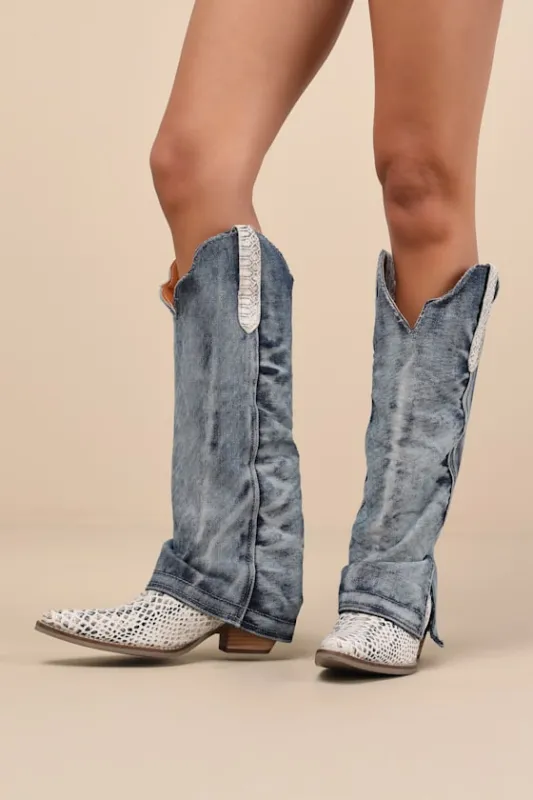 Shabby Blue Denim Leather Knee-High Western Boots sold by Lulus
