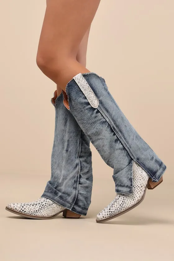 Shabby Blue Denim Leather Knee-High Western Boots sold by Lulus product image thumbnail 2