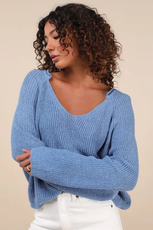 Deela Blue V-Neck Pullover Sweater sold by Lulus