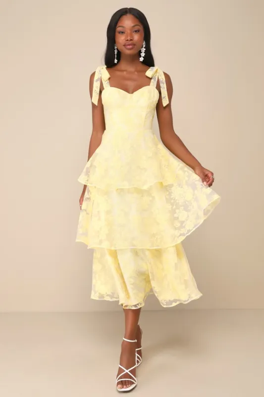 Glamorous Sweetie Yellow Burnout Tie-Strap Bustier Midi Dress sold by Lulus