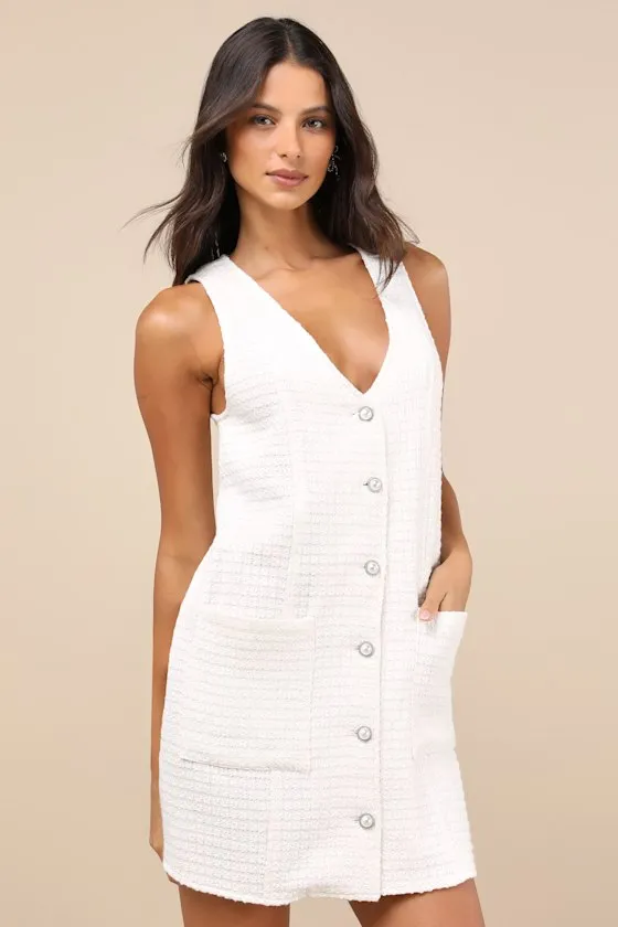 Elevated Concept White Tweed Lurex Button-Front Shift Mini Dress sold by Lulus product image thumbnail 2