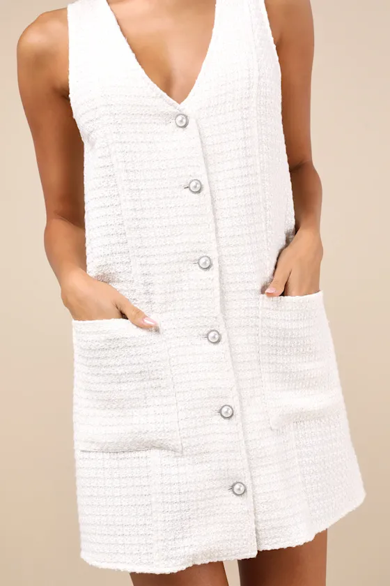 Elevated Concept White Tweed Lurex Button-Front Shift Mini Dress sold by Lulus product image thumbnail 3