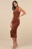 Kiden Brown Mesh Ruched One-Shoulder Midi Dress sold by Lulus