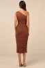 Kiden Brown Mesh Ruched One-Shoulder Midi Dress sold by Lulus