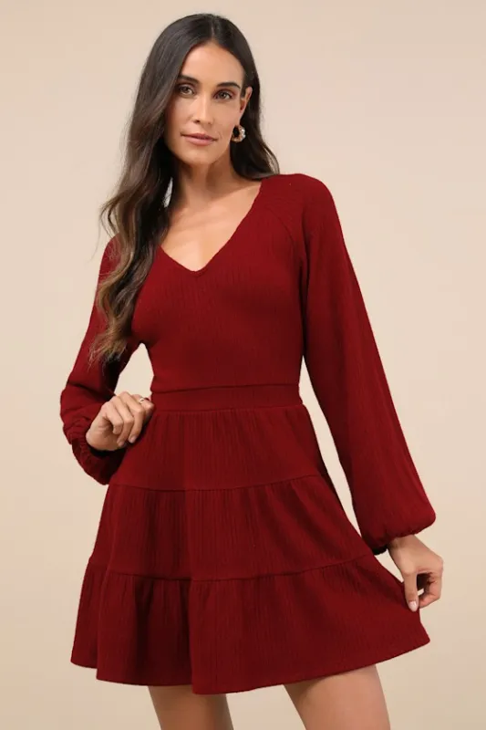 Adorable Option Wine Red Long Sleeve Mini Sweater Dress sold by Lulus