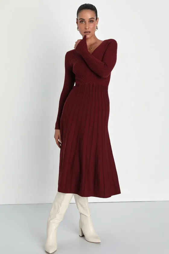Cozy Inspiration Burgundy Ribbed Skater Midi Sweater Dress sold by Lulus
