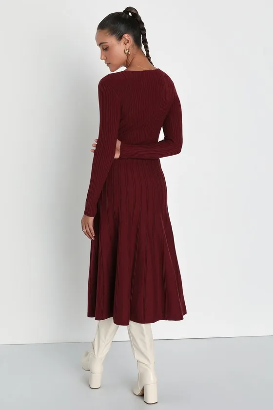 Cozy Inspiration Burgundy Ribbed Skater Midi Sweater Dress sold by Lulus product image thumbnail 2