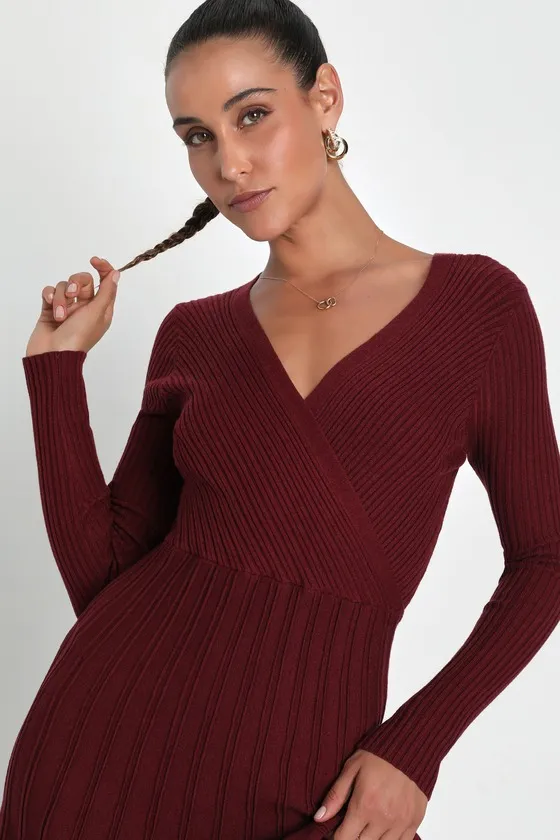 Cozy Inspiration Burgundy Ribbed Skater Midi Sweater Dress sold by Lulus product image thumbnail 3
