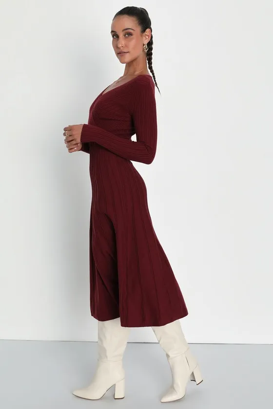 Cozy Inspiration Burgundy Ribbed Skater Midi Sweater Dress sold by Lulus product image thumbnail 4