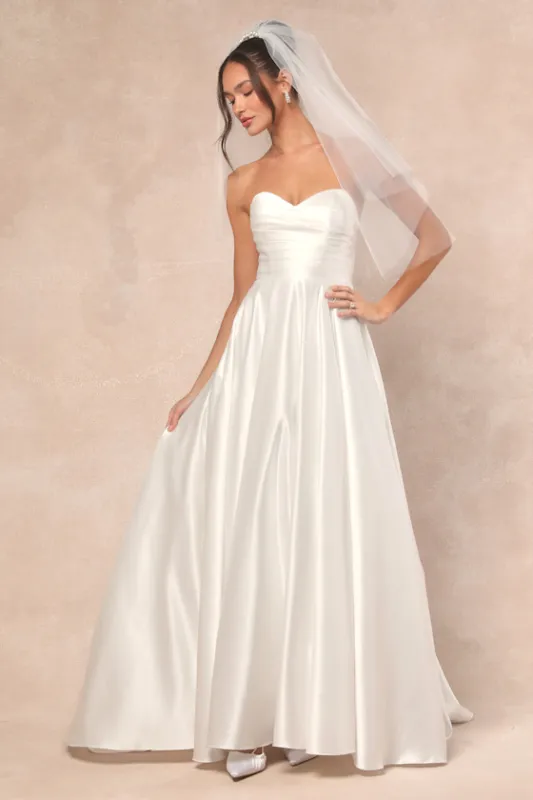 Khalida White Satin Pleated Strapless Gown sold by Lulus