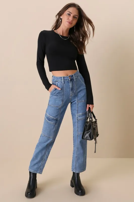 Ready to Vibe Medium Wash High-Rise Straight Leg Cargo Jeans sold by Lulus