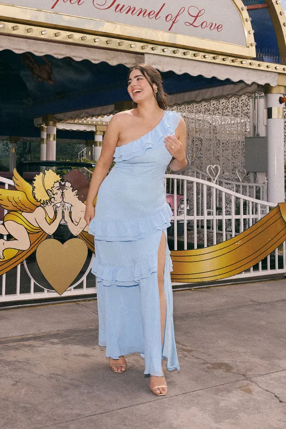 Brilliant Grace Light Blue Ruffled One-Shoulder Maxi Dress sold by Lulus