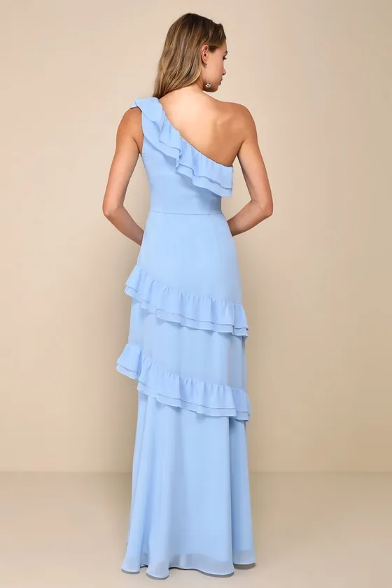 Brilliant Grace Light Blue Ruffled One-Shoulder Maxi Dress sold by Lulus product image thumbnail 3