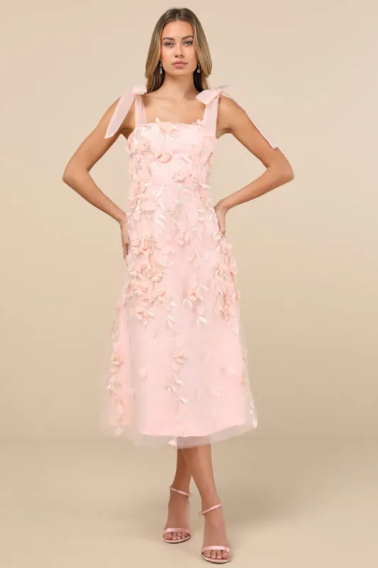 Effortlessly Sweet Blush Tulle 3D Floral Tie-Strap Midi Dress sold by Lulus