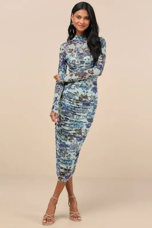 Impressive Flirt Blue Floral Mesh Ruched Mock Neck Midi Dress sold by Lulus