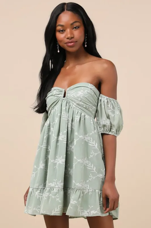 Cutest Icon Sage Green Embroidered Off-the-Shoulder Mini Dress sold by Lulus