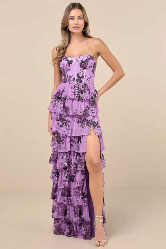 Definite Glamour Lavender Sequin Bustier Maxi Dress sold by Lulus