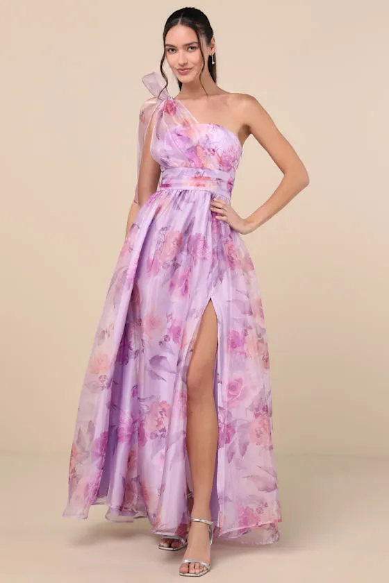 Dramatically Lovely Lavender Floral One-Shoulder Maxi Dress sold by Lulus